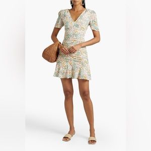 WALTER BAKER Josie Ruched Floral Print Cotton-Gauze Mini Dress in Ecru